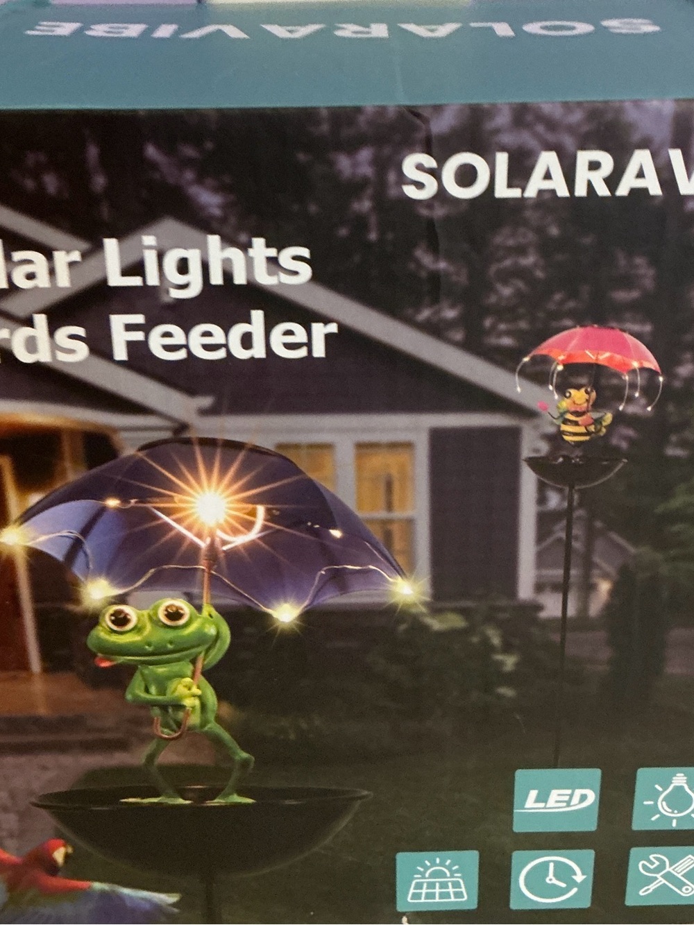 Frog Umbrella Solar Lights Bird Feeder - Blue and green